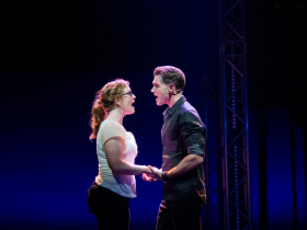 (l. to r.) Kennedy Caughell (Katie) and Justin Matthew Sargent (Jay) in Skylight Music Theatre’s world premiere developmental production of SuperYou, now through June 18