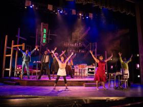 (Left to right, back) Marvin Hannah (Willie Harris), J. Daughtry (Walter Lee Younger), Raven Dockery (Mrs. Johnson/Althea), Shawn Holmes (Bobo Jones), (left to right, front) Ella Lakey (Ensemble Dancer), Erica Cherie (Pastor’s Wife) and Denzel Taylor (Joseph Asagai) in Skylight Music Theatre’s Raisin April 8-24, 2022.