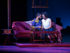 (l. to r.) Denzel Taylor (Joseph Asagai) and Camara Stampley (Beneatha Younger) in Skylight Music Theatre’s Raisin running April 8-24, 2022.
