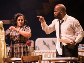 (l. to r.) Melanie Loren (Ruth Younger) and J. Daughtry (Walter Lee Younger) in Skylight Music Theatre’s production of Raisin running April 8-24, 2022.
