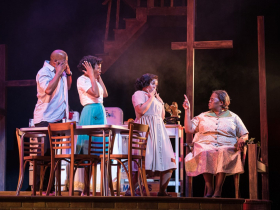 (l. to r.) J. Daughtry (Walter Lee Younger), Camara Stampley (Beneatha Younger), Melanie Loren (Ruth Younger) and Wydetta Carter (Lena Younger (Mama)) in Skylight Music Theatre’s production of Raisin running April 8-24, 2022.