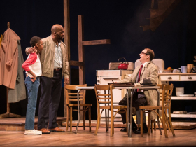 (l. to r.) Josiah Jacobs (Travis Younger), J. Daughtry (Walter Lee Younger) and Chase Stoeger (Karl Linder) in Skylight Music Theatre’s production of Raisin running April 8-24, 2022.