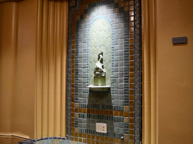 The secluded fountain inside the historic Warner Theater, today known as the Bradley Symphony Center, is one of only a few fountains with tiles from the local Continental Faience & Tile Co., built in 1930.
