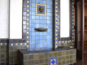 A southside residence hall provides a sanitarium with a tiled fountain, featuring tiles from the local Continental Faience & Tile Co.  Built in 1928.  