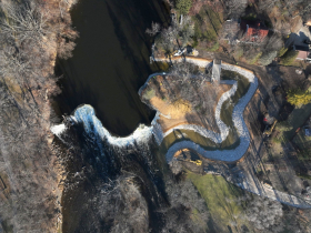 An aerial image of the Kletzsch Dam and fishway on December 12, 2023 when it opened to Milwaukee River waters.
