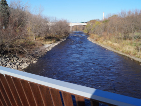 About 3 river miles from Lake Michigan, the North Avenue Dam was removed in 1997. A pedestrian bridge crosses the river at the site. The Waterway Restoration Partnership is considering fish passage options here to help fish swim upriver here during high flows.