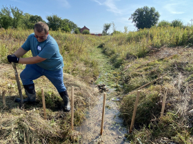 Building a beaver dam analog (BDA) by hand at Briggs Wetland in September 2024