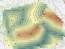 One-year groundwater level change contour map: green/blue higher groundwater, brown/orange lower groundwater