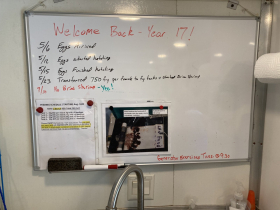 'Welcome Back - Year 17!' reads a whiteboard inside the trailer. A per-tank feeding procedure is posted. The fish get three square meals of bloodworms and krill per day.
