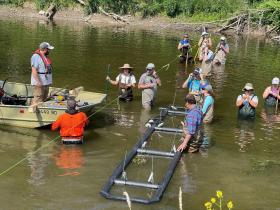 July 2021 installation of a PIT tag antennas in the Milwaukee River near the Riverside Urban Ecology Center. This array and those at Kletzsch fishway, Mequon-Thiensville fish passage, and others around Lake Michigan help managers track how sturgeon and other species move as they mature