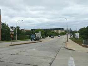 Looking east from E. North Ave. and N. Commerce St.