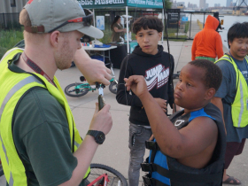 WDNR staff supports urban fishing opportunities including this August 9, 2023 outing at Harbor View Plaza. The young angler had just caught a round goby, an invasive species that lake sturgeon have been found to eat