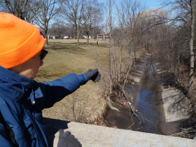Cheri Briscoe considers Wahl Creek from a Glendale Avenue bridge over the channelized waterway as it flows from the east edge of Harriet Tubman Park south toward Lincoln Cree