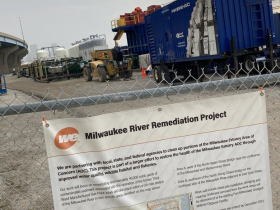 We Energies banner on treatment facility site in April 2023