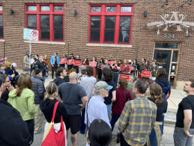 Anodyne workers and supporters rally in support of a living wage and a union contract. Photo taken April 15, 2026 by Graham Kilmer.