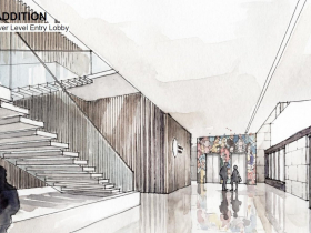 Lower level lobby to entrance from MacArthur Square parking