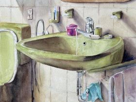 Christine Christon, Bavarian Bathroom, watercolor, 12.5 x 12.5 inches