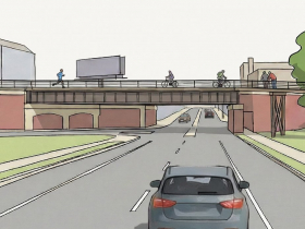 New pedestrian bridge over W. Fond du Lac Ave. and W. Locust St. east of the rail bridge.