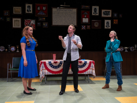 Repertory Theater presents What the Constitution Means to Me in the Stiemke Studio February 6 – March 17, 2024. Pictured: Maya O’Day-Biddle, William Mobley, Jessie Fisher