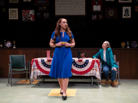Milwaukee Repertory Theater presents What the Constitution Means to Me in the Stiemke Studio February 6 – March 17, 2024. Pictured: Maya O’Day-Biddle and Jessie Fisher