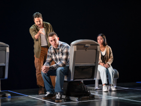 Milwaukee Repertory Theater presents The Coast Starlight in the Stiemke Studio, September 3 – October 6, 2024. Pictured: Justin Huen, Jack Ball and Emily S. Chang