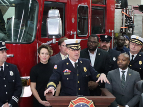 Fire Chief Aaron Lipski speaks at Engine Company 31 Recommissioning