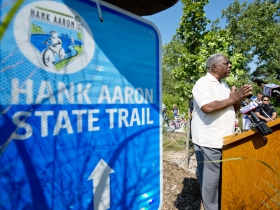 2012 - Hank Aaron at the groundbreaking for Three Bridges Park and a Hank Aaron State Trail extension to connect the Valley Passage to Mitchell Park Domes