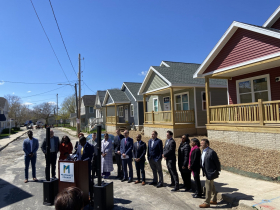 County Executive David Crowley speaks in front of new Habitat for Humanity Homes in King Park Neighborhood. Photo by Graham Kilmer.