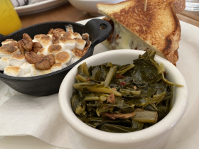 Sweet potato casserole and collards with bacon
