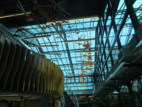 Sculpted birds suspended in the atrium