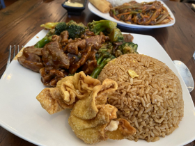 Beef Broccoli, egg-fried rice, crab Rangoons