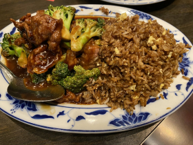 Beef with broccoli and egg fried rice