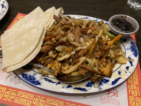 Mu shu pork with crepes and hoisin sauce