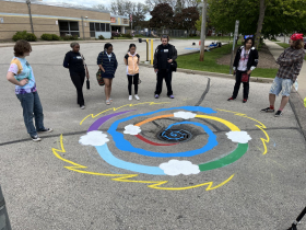ArtWorks for Milwaukee interns consider a third storm drain mural at Samuel Clemens Elementary School
