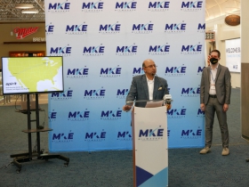 Atul Kumria announcing three Spirit Airlines routes are coming to Milwaukee