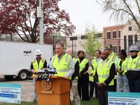 Patrick Pauly speaks at removal of 10,000th lead service line