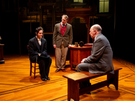 Milwaukee Repertory Theater presents The Chosen in the Quadracci Powerhouse, March 5 – 31, 2024. Pictured: Hillel Rosenshine, Eli Mayer and Steve Routman