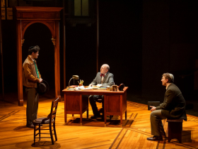 Milwaukee Repertory Theater presents The Chosen in the Quadracci Powerhouse, March 5 – 31, 2024. Pictured: Hillel Rosenshine, Steve Routman and Eli Mayer