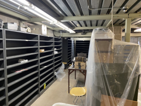 An empty collections storage room in a sub-basement at the Milwaukee Public Museum
