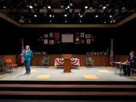 Milwaukee Repertory Theater presents What the Constitution Means to Me in the Stiemke Studio February 6 – March 17, 2024. Pictured: Jessie Fisher and William Mobley
