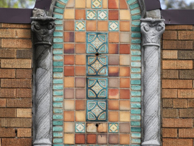Decoration on the parapet with tiles made in South Milwaukee