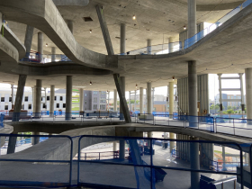 View of interior construction of Nature & Culture Museum of Wisconsin from third floor