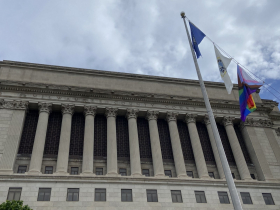 Intersex Progress Pride flag hangs i front of the Milwaukee County Courthouse