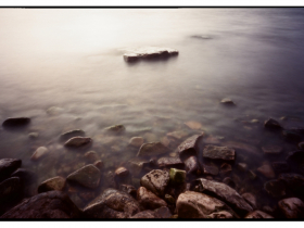Hal Rammel, Rocks Water Sky, pinhole photograph, 7 x 10.5 inches