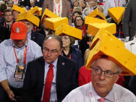 U.S. Rep. Tom Tiffany and Wisconsin Republican Party Chair Brian Schimming (wearing cheeshead