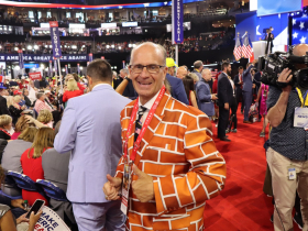 Trump supporter Blake Marnell wearing his brick suit