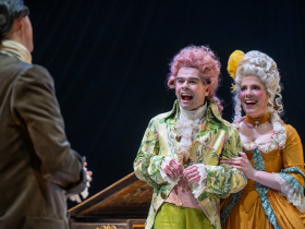 Matt Daniels (Antonio Salieri), Zach Thomas Woods (Wolfgang Amadeus Mozart), and Rachael Zientek (Constanze Weber) in Skylight Music Theatre’s production of Amadeus running January 23 through Februar