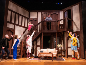The cast in rehearsal for Skylight Music Theatre’s production of Noises Off.