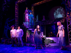 (I. to r) Lucas Drube (Lysander), Nathaniel Contreras (Demetrius), Serena Vasquez (Hermia), Logan Grace (Helena), top Frankie Breit (Oberon), and Lainey Techtmann (Puck) in Skylight Music Theatre’s production of A ROCKIN’ Midsummer Night’s Dream running April 10 through 26, 2026