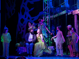 (I. to r) Alexus Coleman (Cobweb), Saum Seyed (Nick Bottom), Stephanie Staszak (Titania), Zoah Hirano (Peaseblossom), Averi Lauren Grier (Moth), Jillian Vogedes (Mustardseed), and Finley Brown (Orchid) in Skylight Music Theatre’s production of A ROCKIN’ Midsummer Night’s Dream running April 10 through 26, 2026